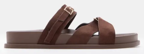 Σανδάλια Flatform με Διπλά Λουράκια & Μεταλλική Αγκράφα - Καφέ Σκούρο