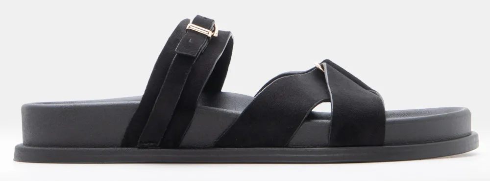 Σανδάλια Flatform με Διπλά Λουράκια & Μεταλλική Αγκράφα - Μαύρο