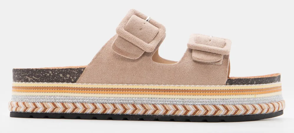 Σανδάλια Flatform Boho με Διπλές Τόκες - Μπεζ-Σκούρο