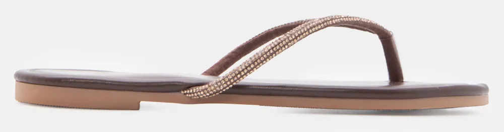 Flat Thong Σανδάλια με Strass - Καφέ Σκούρο