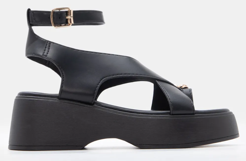 Πλατφόρμες Thong Flatform με Μεταλλική Λεπτομέρεια & Μπαρέτα - Μαύρο